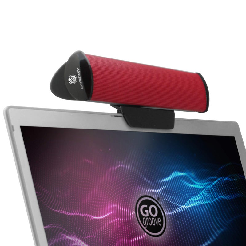 GoGroove مكبرات صوت GOgroove SonaVERSE USB لجهاز الكمبيوتر المحمول - شريط صوتي صغير يعمل بالطاقة من USB مع تصميم مكبر صوت خارجي محمول قابل للتثبيت على الشاشة، كابل واحد لإدخال الصوت الرقمي والطاقة (أحمر) - Image 1